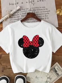 Disney Officially Licensed Minnie Mouse Sparkle Bow Cute Girls T-Shirt Soft Breathable Casual Everyday Wear