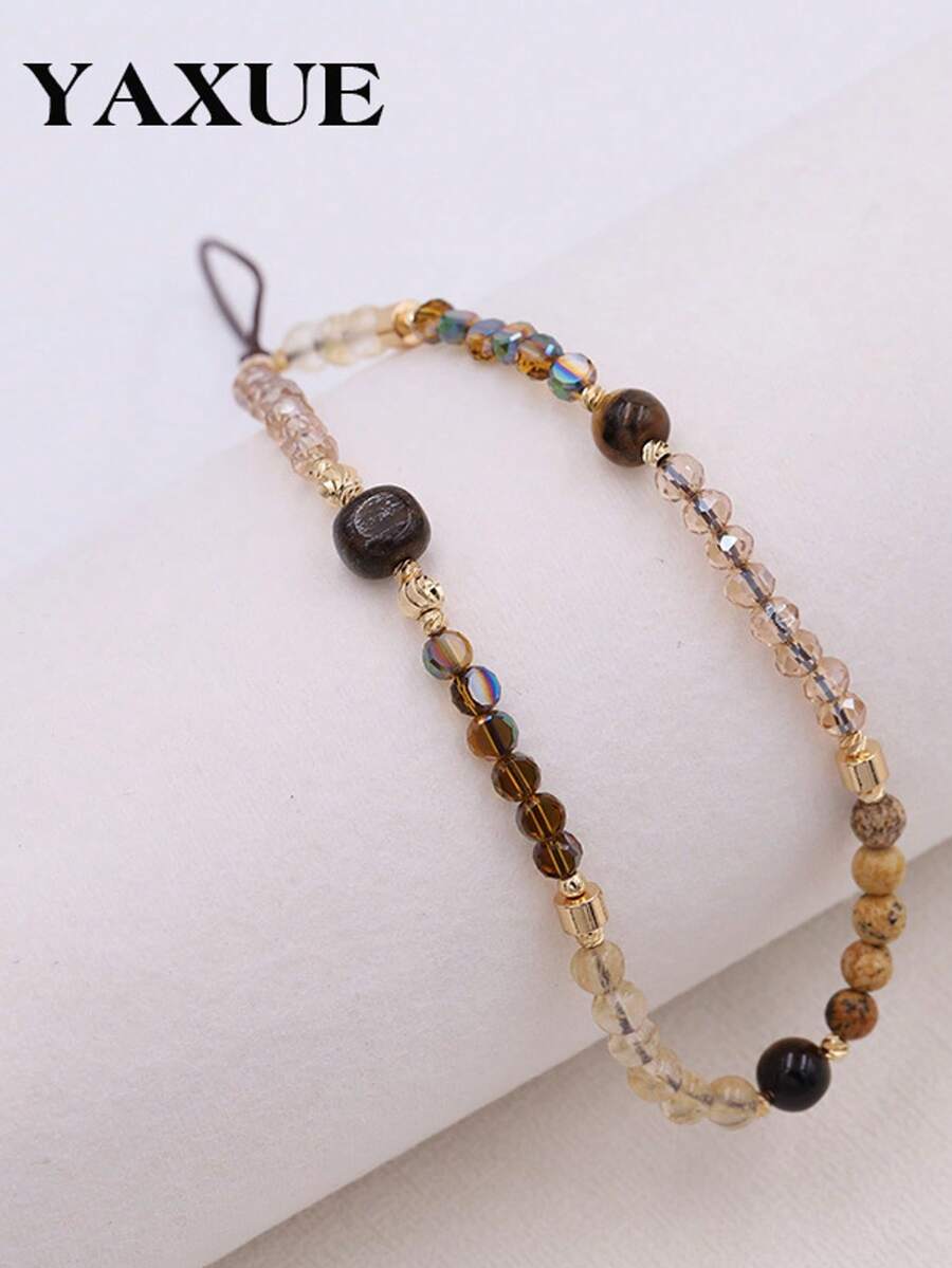 Jade Element 1pc Merlaid Style Natural Stone Beaded Phone Lanyard, Original Creative Hanging Decor, Fashionable & Elegant Phone Pendant, Vintage Chic & Practical Accessory Spring Gift - Multicolor - View 1