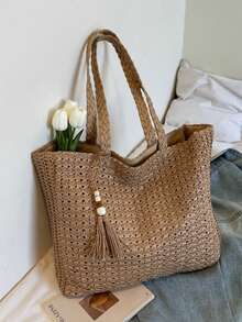 1件夏季新款女士编织单肩包，大容量草编休闲手提包，沙滩多功能单肩包，时尚度假沙滩包，拉链封口，镂空设计 - 卡其色 - 查看 11