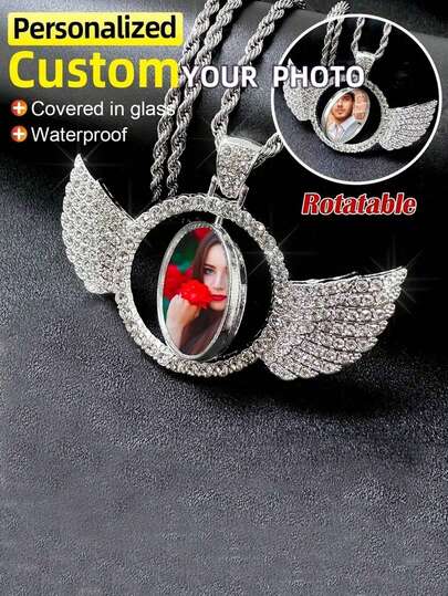 1pc Personalized Photo Pendant Necklace, Customized Angel Wings Design Pendant Necklace, Unisex Glitter Gold/Silver Vintage Minimalist Casual Y2K 2000s Style, Suitable For Couples, Friends, Family, Pets As Unique Personalized Gift For Anniversary, Birthday, Daily Wear, Graduation, Valentine's Day, Father's Day, Mother's Day, Wedding