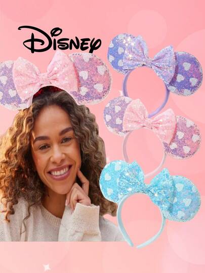 Disney 1-Piece Set Of Headbands, Cartoon-Themed Hair Accessories, Suitable For Everyday Wear. Includes A Soft Bow Tie, Adorable Minnie Mouse Ear Clips, And Cartoon-Themed Hair Accessories. Stylish Hair Accessories Designed For Women, Perfect For Valentine's Day, Headbands, Hair Clips, And Headbands.New European And American Mickey Mouse Headband With Sequins, Minnie's Butterfly-Themed Hair Accessory, Perfect For Festivals, Parties, And Amusement Parks.