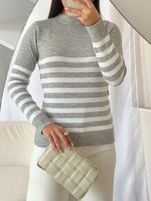 Women's Striped Long-Sleeved Sweater - 石楠灰 - 查看 3