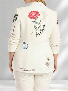 HOMEYEE Floral Print Long Sleeve Blazer Jacket With Pockets, Vintage Elegant Casual Suitable For All Seasons, Plus Size - 白色 - 查看 2