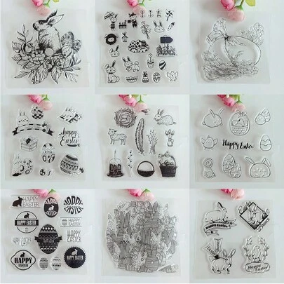 Easter Bunny Basket Colorful Eggs Transparent Stamp, Handmade DIY Greeting Card Scrapbooking Decorative Stamp Set, Vintage Style Easter Transparent Stamp