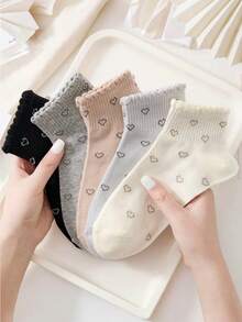 5/10 Pairs Sweet Heart Pattern Ruffle Trim Women's Ankle Socks, Lightweight Breathable Comfortable Casual Socks - Multicolor - View 5