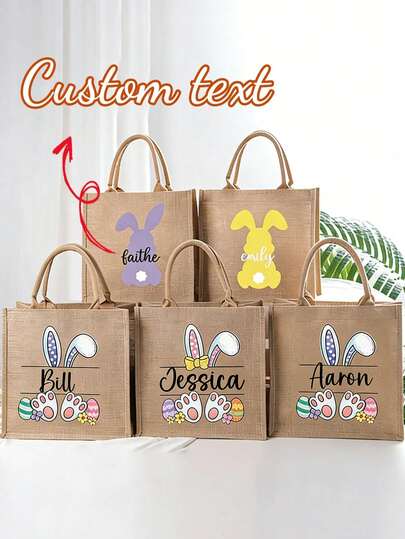Customized Jute Tote Bag, Rabbit Pattern, Personalized Text, Easter-Themed Handbag, Casual Handbag, Storage Bag, Unisex, Suitable For Everyday Wear, Parties, Holidays, Etc. Practical And Reusable, Clothing Accessories, Item Storage, Home Decoration, Suitable For Easter, Parties, Birthdays, Etc. Customized Gift, Valentine's Day Gift, Easter Gift, Birthday Gift, Anniversary Gift, Etc.Gifts For Family, Partner, And Good Friends.