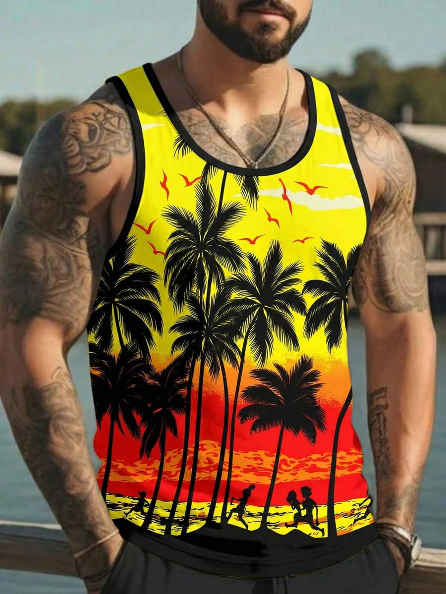 Men's Coconut Tree Print Sleeveless Tank Top - Multicolor - View 1