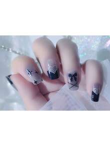 1张黑色指甲油贴纸，全甲贴，银色渐变闪亮星星图案，女士自粘DIY美甲贴条 - 黑色 - 查看 3