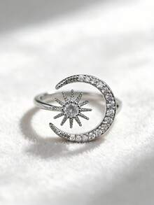 1 件欧盟/中东风格太阳和月亮设计，2025 时尚/神话图案，高品质铜微镶嵌方晶锆石开口戒指，适合大学、商务、休闲、夜店、日常穿着的女性 - 金黃色 - 查看 3