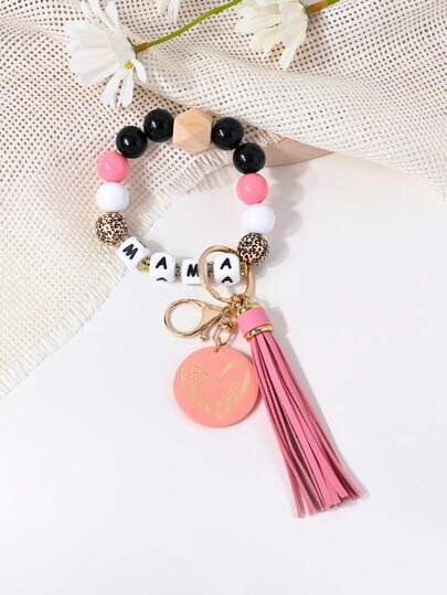 1pc Fashionable Creative Wooden "MAMA" Round Letter Tassel Pendant, Silicone Wooden Bead Bracelet Keychain Wrist Strap, Perfect Mother's Day Gift For Women