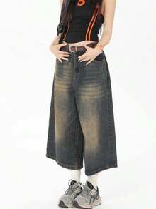 Vintage silueta suelta lavado y viejo siete pantalones cortos de mezclilla mujeres diseño de verano de pierna ancha mediados de pantalones pantalon de mezclilla dama - Azul oscuro - Ver 3