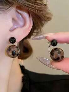 豹纹树脂球形耳钉，复古优雅几何耳环，独特优雅设计耳环，女士款 - 彩色 - 查看 7