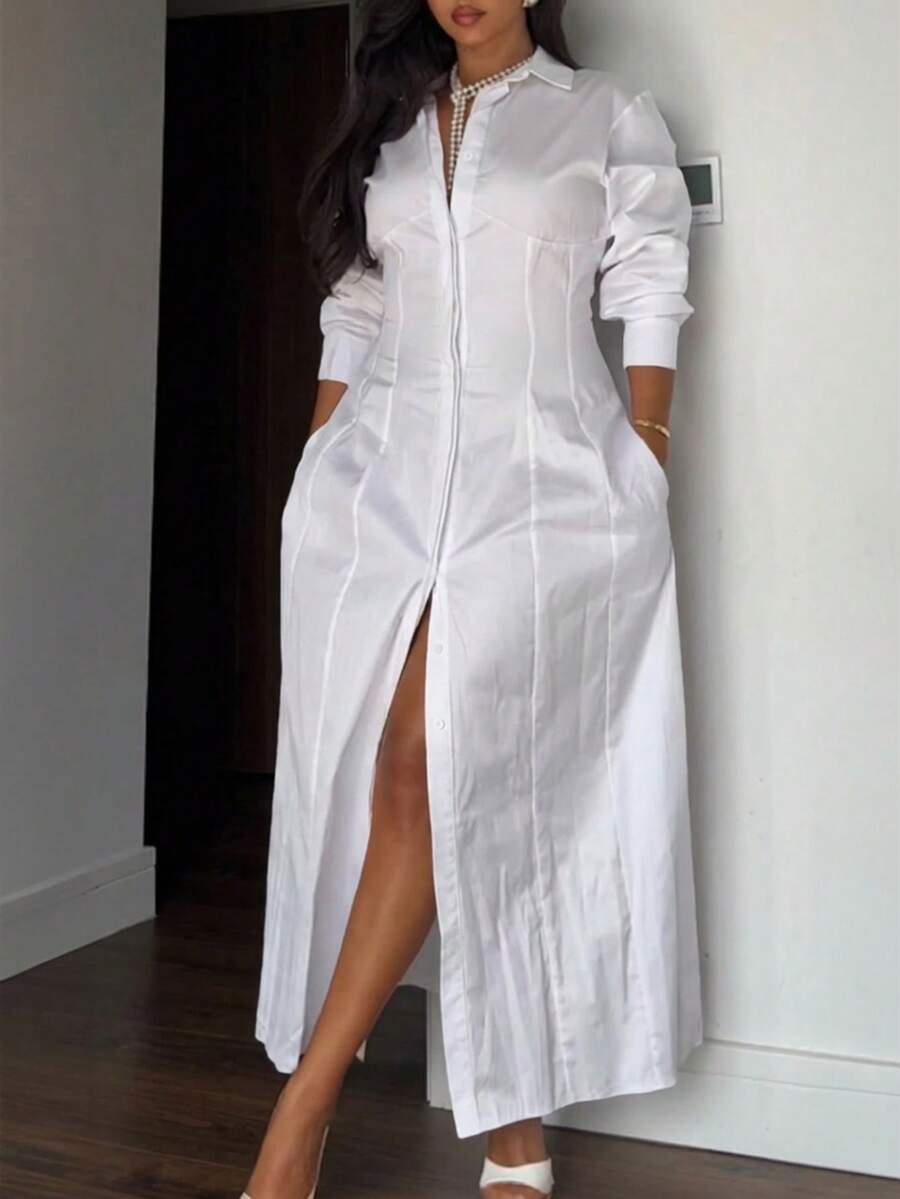 Vestido de camisa con cuello de mujer Unadoll para primavera, diseño con botones, cintura con lazo, estilo de cuello abierto, elegante y generoso, adecuado para viajes, salidas, cumpleaños, eventos, citas, fiestas, San Valentín y otras ocasiones Blanco