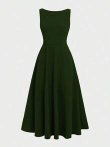 Elegant French Romantic Backless Hollow-Out Cinched Waist Sexy Charming Maxi Dress, Burgundy, Suitable For Christmas, Holiday Party, Date - 墨綠色 - 查看 3