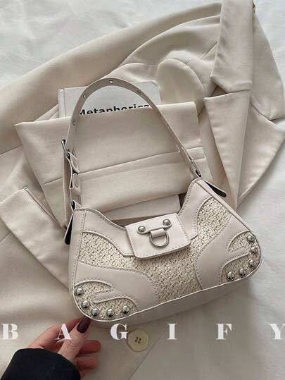 New Fashion Rivet Crescent Handbag, Suitable For Parties, Outings, Vacations, Shopping And Daily Use, Can Store Coins, Phones, Also Suitable As A Work Bag For White-Collar, College Students And Office Workers, Elegant Ladies Bag