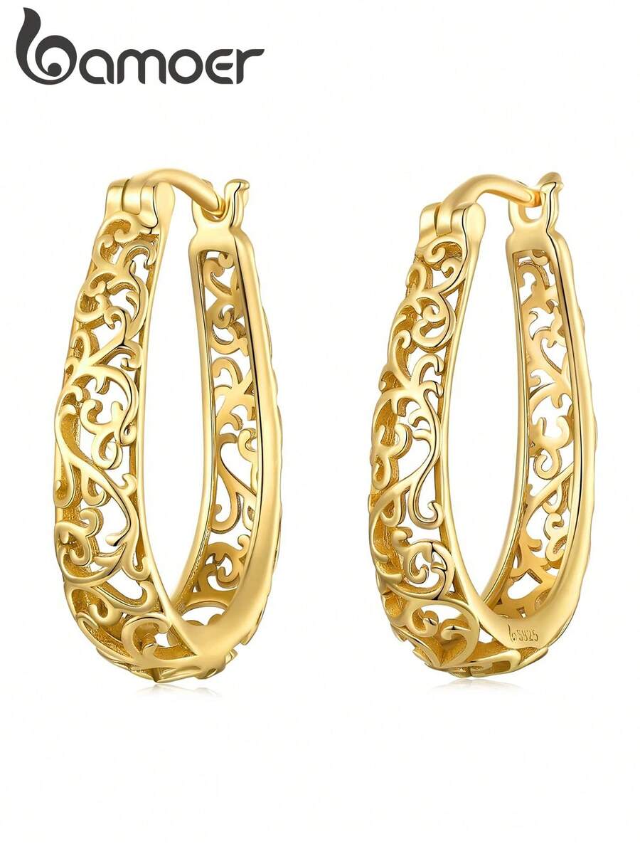 BAMOER 18K镀金镂空耳环，925纯银复古藤蔓耳环，精致女士珠宝，原创设计，节日礼物 - 金色 - 查看 1