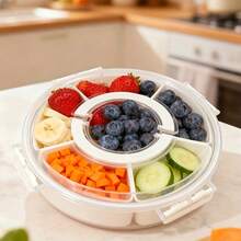 1pc Rotating Fruit/Snack Tray With Lid And Handle, Divided Vegetable Plate, Portable Kitchen Party Travel Picnic Use, Stackable Snack Box Container, Round Plastic Rotating Snack Plate With Cover, Suitable For Home, Party, Wedding - View 5