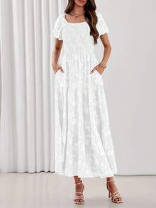 Vestido largo bohemio de flores para mujer en verano, con cuello cuadrado, manga corta, cintura fruncida, suelto y fluido, atuendo para vacaciones - Blanco - Ver 5