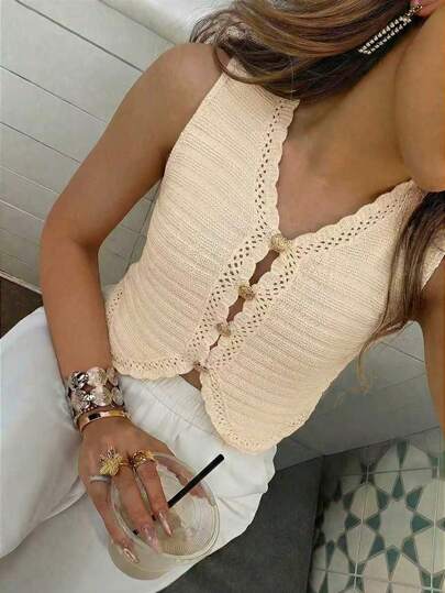 Women's Crochet Wavy Edge Gold Button V Neck Knit Vest Casual Solid Color Slim Fit Cardigan Tank Top