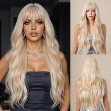 26" Machine Made Champagne Blonde Body Wave Wig With Bangs, High Temp Fiber Voluminous Wig With Adjustable Stretchy Cap - Gold - View 12