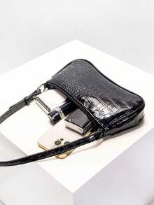 1pc Girl's Baguette Shoulder Bag, Crocodile Embossed Minimalist Underarm Bag, Suitable For Daily Gatherings, Vacations, Travel, Ideal Gift - Black - View 7