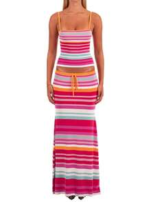 Women 2 Piece Skirts Set Striped Spaghetti Strap Knit Cami Tank Top And Drawstring Waist Long Skirts Outfits For Summer Beach Vacation - 紅色 - 查看 2