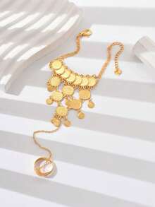 1pc Vintage Personalized Versatile Hollow Carved Multi-Layer Connected Finger Coin Back Hand Bracelet For Women - K - View 3