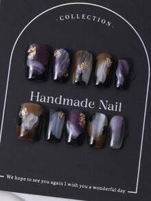 10片装手工亚克力紫色Y2K风格美甲贴片，手绘渐变金箔装饰，包含1套甲油胶和1套指甲锉，适合日常佩戴和科切拉音乐节造型，可拆卸美甲贴片及美甲护理产品。 - 紫色 - 查看 3