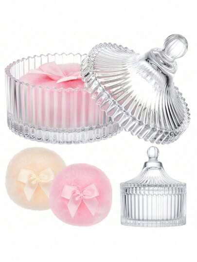 Transparent Ripple Glass Makeup Jar With Lid | Luxury Victorian Style Cosmetic And Jewelry Storage Jar | Elegant Bathroom Decor Box | Fashionable Ripple Decorative Powder Jar | Classic Bathroom Vanity Makeup Jar | Ideal Women's Cosmetic Storage Gift, Powder Tassel Jar, Makeup Bag, Travel Essential