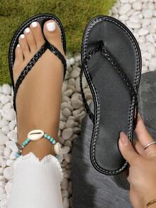 Women's Solid Color Slip-On Sandals, Lightweight Open-Toe Flat Shoes With Woven Strap And Back Strap. - Black - View 6