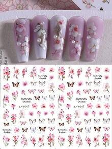 2片粉色兰花蝴蝶美甲贴纸，优雅粉色花卉美甲贴花，自粘式DIY美甲装饰，适合女性美甲沙龙和家庭使用 - 彩色 - 查看 9