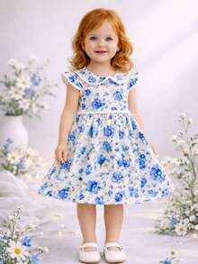 Girl's Dress With Delicate Floral Print, Classic Peter Pan Collar, Ruffles, Short Sleeves, Elegant Pom-Poms, Full Skirt, Comfortable Soft Cotton, Premium Fabric, Party, Birthday, Christening, Special Events, Charming Look, Children's Fashion, Princess Style, Casual Chic, Spring/Summer, Girls' Clothes, Comfort, Sweet, Blogger Look, Photography, Outing, Perfect Gift, Charming, Stylish, Floral Print - 藍色 - 查看 3