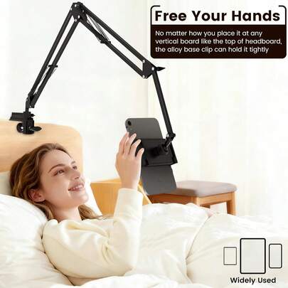 Adjustable Clip-On Phone & Tablet Holder Arm – Hands-Free Stand For Bed/Desk. Alloy Clip Base: Securely Attaches To Headboards, Desks & Vertical Boards. Flexible Multi-Joint Arm: Freely Adjusts Angle/Height For Comfortable Viewing. Universal Fit For Most Phones & Tablets: Ideal For Watching Videos, Video Calls In Bed, Office Or Home. Practical Hands-Free Solution!