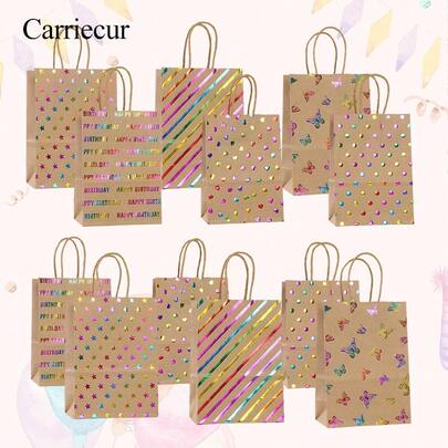 6pcs Kraft Paper Gift Bags With Handles, Printed With Colorful Patterns Like Butterfly, Heart, Polka Dot, Stripe And Star, Suitable For Birthday, Spring, Valentine's Day, Wedding, Graduation And More Occasions