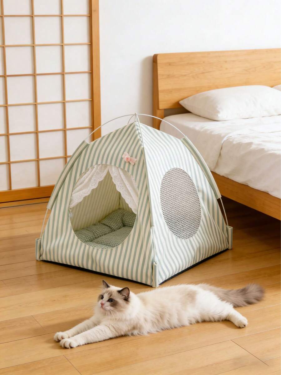 1个可折叠猫咪露营帐篷，半封闭式户外猫咪帐篷屋，兔子帐篷，透气宠物床帐篷，适用于13磅以下小型宠物 - 彩色 - 查看 1
