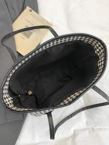 Houndstooth Large Capacity Shoulder Bag, Fashionable Minimalist Tote Bag, Versatile For Commuting And Daily Use - Black - View 8