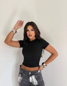 Baby Look Short Sleeve Fitted Basic Comfortable Everyday Casual Corset Effect Glamour - màu đen - Xem 4