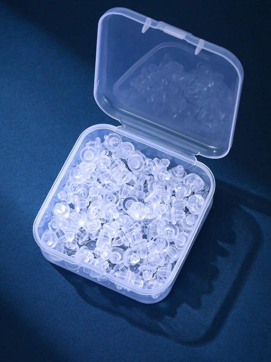 一盒约200个硅胶耳钉后塞/耳堵，柔软低敏硅胶耳钉后塞替换装，透明圆柱形耳塞耳环配件，适合女性日常佩戴（附赠透明首饰收纳盒），升级版透明塑料耳钉后塞，DIY首饰配件，防滑硅胶耳塞 - 透明耳塞 - 查看 1