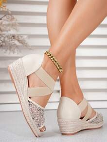 Women's Fashionable Straw Woven Rope Sole Casual Vacation Platform Wedge Sandals - Apricot - View 4