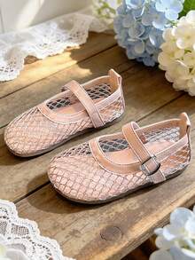 女童网眼芭蕾平底鞋 – 渔网玛丽珍平底鞋，透气时尚芭蕾舞鞋 - 粉色 - 查看 6