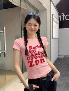 红色字母印花短袖T恤，女士夏季性感修身露脐设计上衣，粉色休闲款 - 粉色 - 查看 2