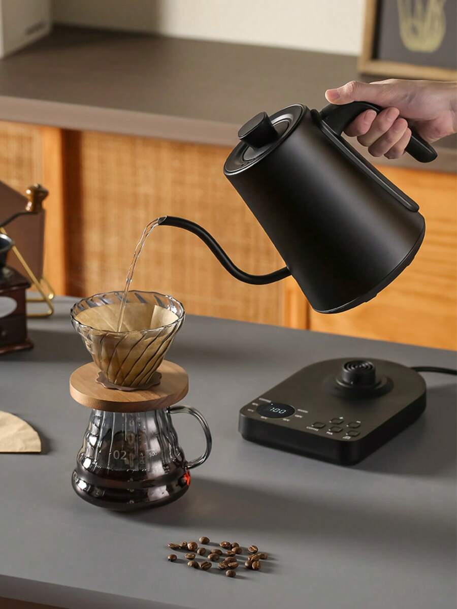 OCTAVO 1200瓦电动鹅颈壶，不锈钢手柄，34盎司（约1升）容量，适用于手冲咖啡和茶，不锈钢无缝内胆，温度控制，快速加热 - 黑色 - 查看 1