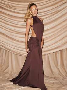 2026 New Women's Halter High Neck Ruched Slim Fit Backless Sexy Elegant Evening Gown Maxi Dress - màu nâu - Xem 8