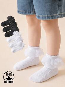 6 Pairs Cotton Children/Teens Girls' Black & White Double Ruffle Trim Mid-Calf Socks, Casual & Dance Socks For All Seasons - Black and White - View 7