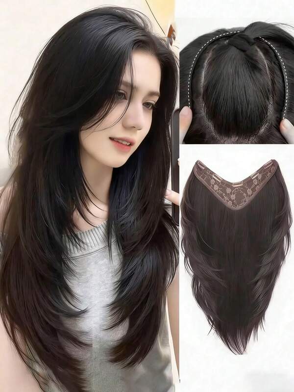 26 Inch Multi-Layer V-Shaped Hair Clip Style, Fitting And Increasing Hair Volume, With A Layered Multi-Layer Long Hair Wig Extension Piece, Hairpin, Accessories, Claw Clips