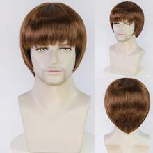 1960年代迪斯科假发+眼镜、胡子、金项链、棕色短卷波波头假发、男士刘海、摇滚嬉皮歌手装扮、非洲合成刘海假发，适合狂欢节、1970-1980年代 - 棕色 - 查看 4