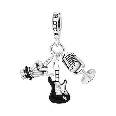 CYMYSS 1pc Rock Style 925 Silver Plated Electric Guitar + Microphone + Rock Hand Gesture Pendant, Suitable For Women As Music Festival/Birthday Gift/Daily Wear