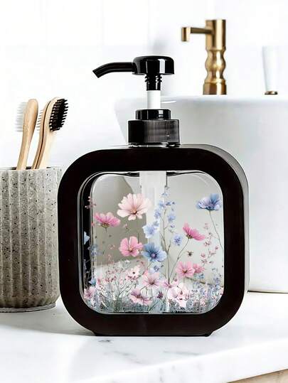 Creative Bathroom Dispenser Bottles, Blue & Pink Floral Design, Suitable For Bathroom, Kitchen Sink, Can Hold Hand Wash, Shower Gel, Bathroom Essentials, Creative Liquid Soap Dispenser, Refillable Bottles, Bathroom Supplies