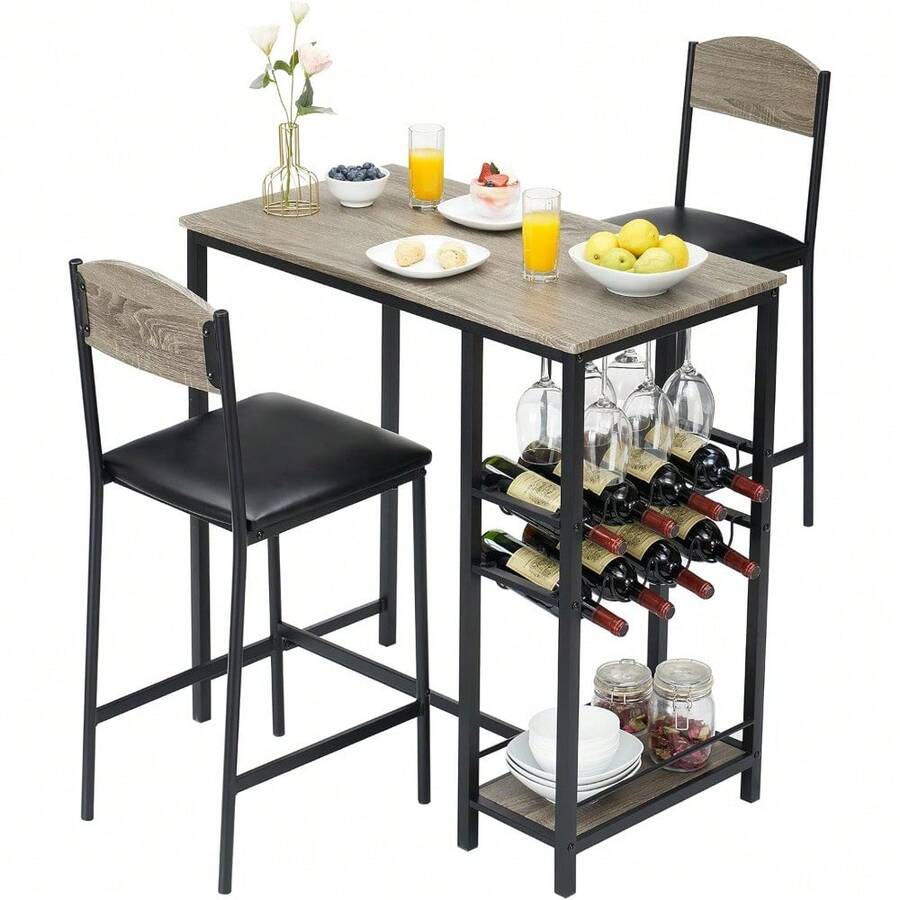 Mesa de bar y 2 sillas Conjunto de mesa de comedor de 2, 3 piezas con estante de vino y estantes de almacenamiento para pequeño espacio, mesa de altura del mostrador de cocina para el desayuno Nook, apartamento - Gris - Ver 1