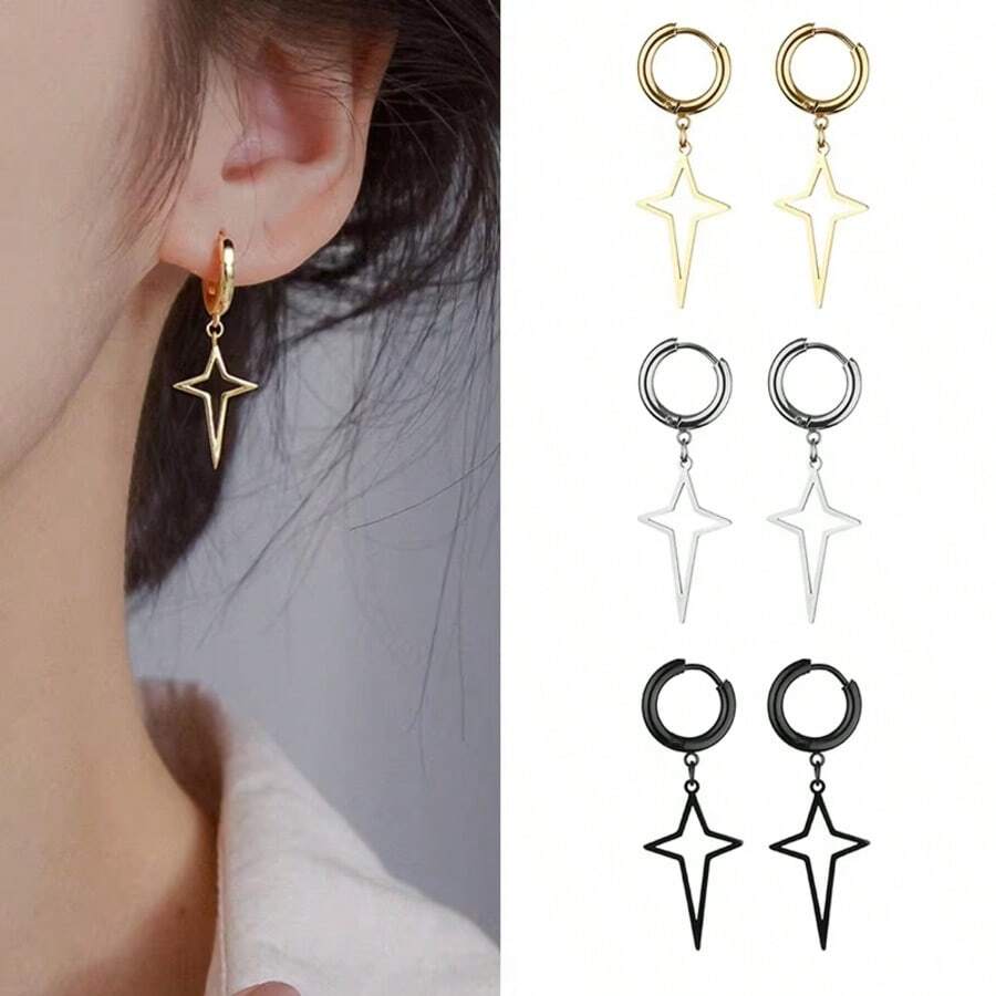 一对不锈钢镂空方形星形耳钉，简约前卫的中性设计 - 彩色 - 查看 1